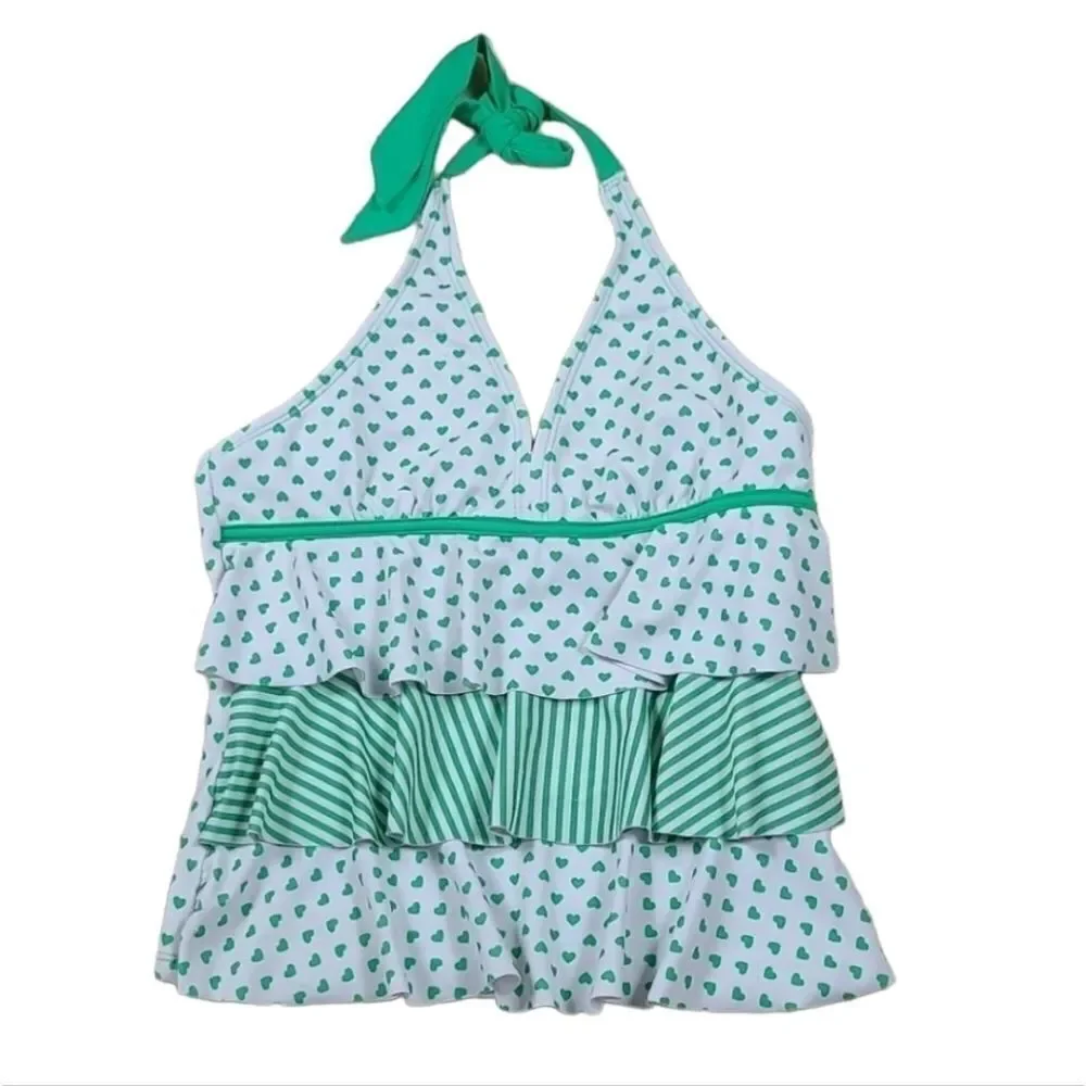Justice Girls Tankini Top Green Hearts Stripes Ruffle Halter Swim 14 Swimsuit L